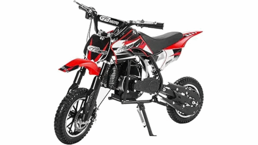 Red 50cc mini dirt bike for kids and adults with 10" Alloy Wheels, Disc Brakes, and Rear Suspension